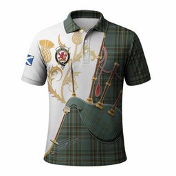 Kelly Tartan Family Crest Polo Shirt Bagpipes with Scottish Thistle