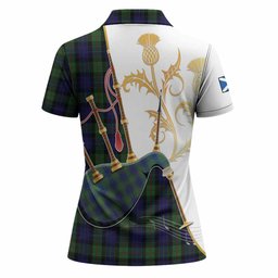 Gunn Tartan Family Crest Women Polo Shirt Bagpipes with Scottish Thistle