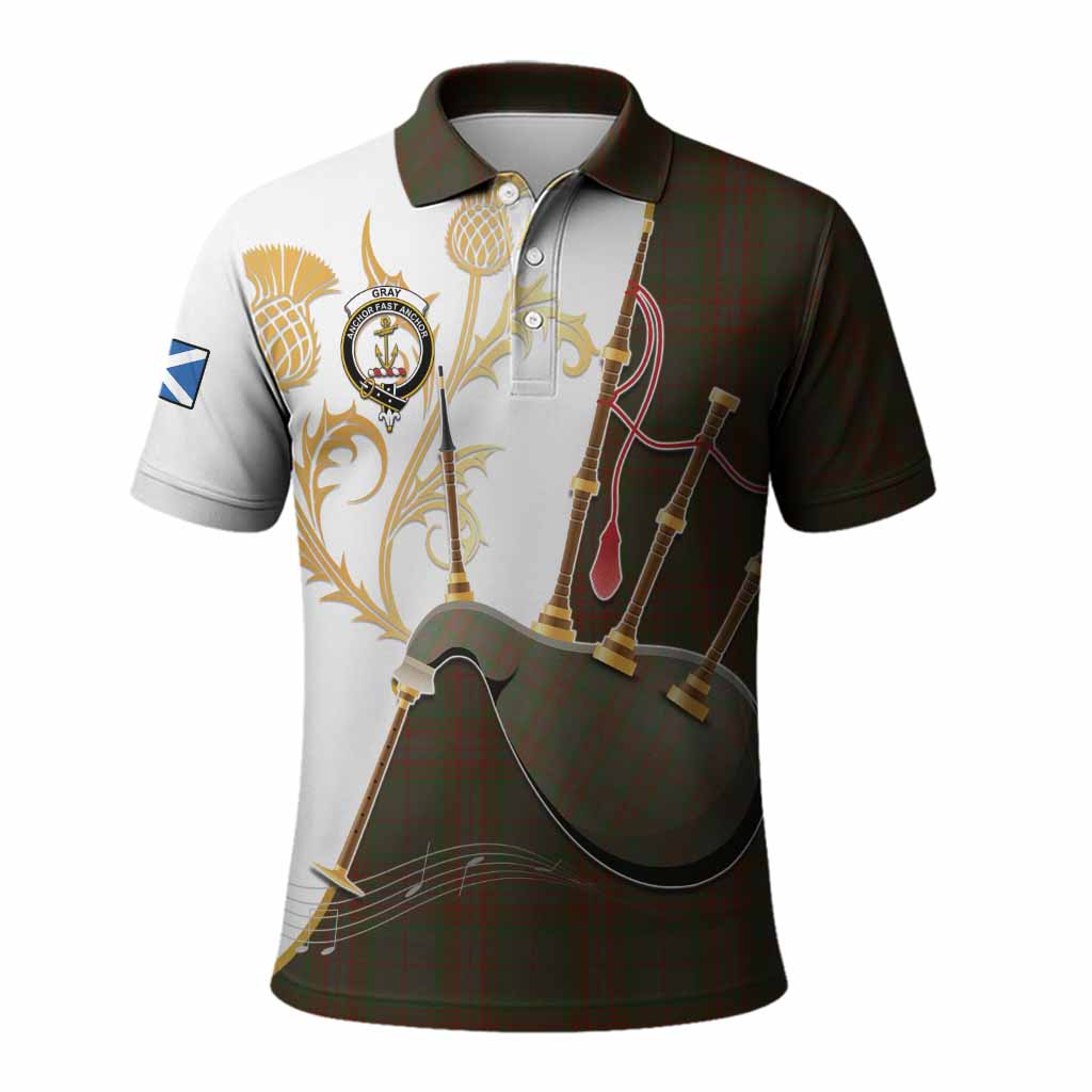 Gray Tartan Family Crest Polo Shirt Bagpipes with Scottish Thistle