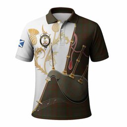 Gray Tartan Family Crest Polo Shirt Bagpipes with Scottish Thistle