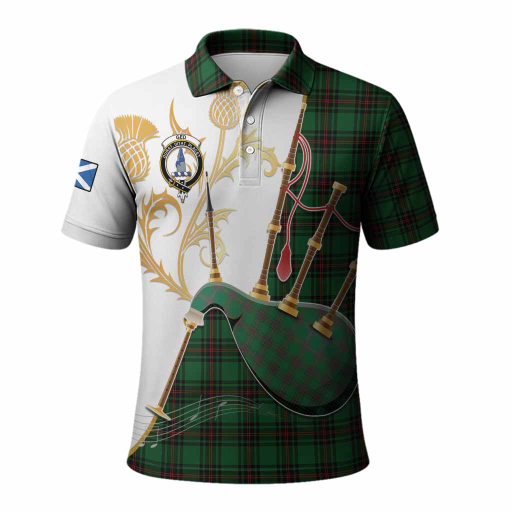 Ged Tartan Family Crest Polo Shirt Bagpipes with Scottish Thistle