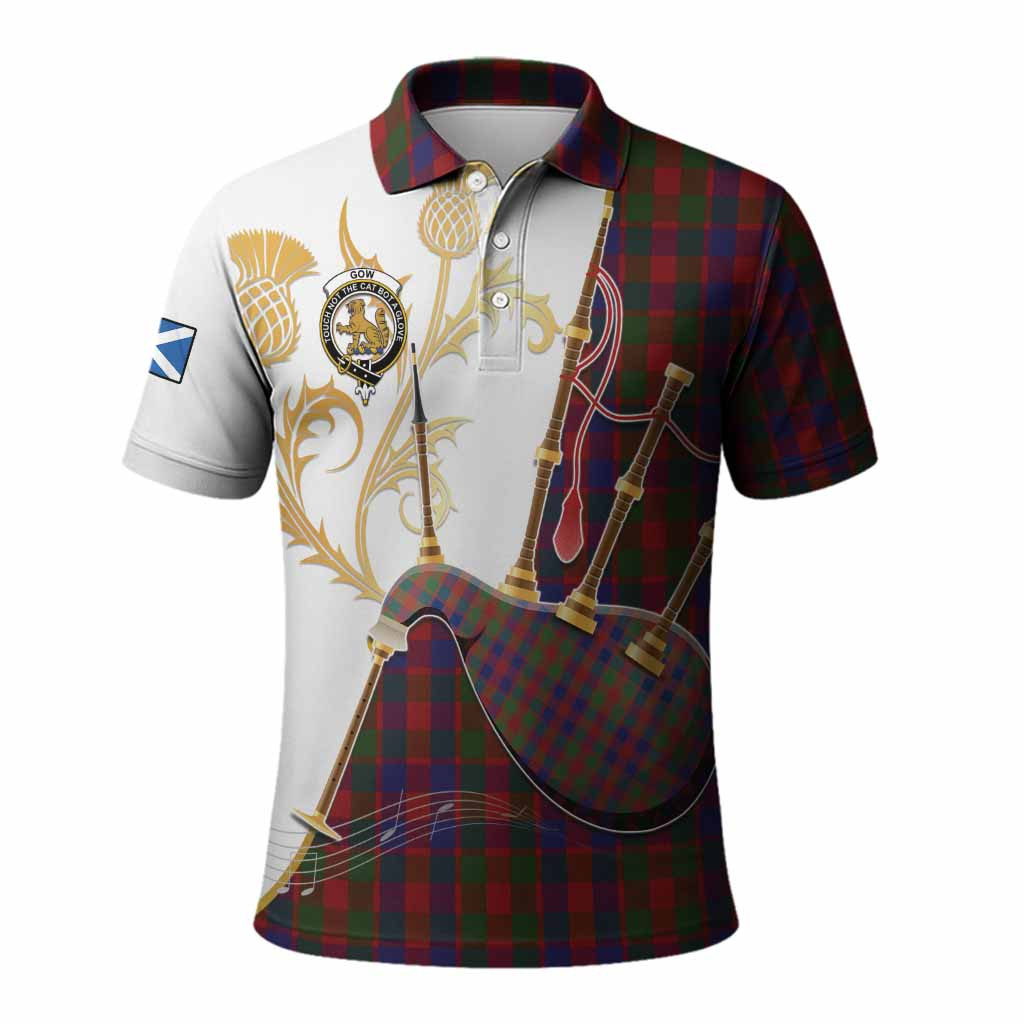 Gow Tartan Family Crest Polo Shirt Bagpipes with Scottish Thistle