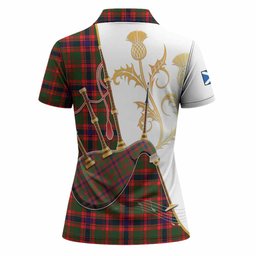 Kinninmont Tartan Family Crest Women Polo Shirt Bagpipes with Scottish Thistle