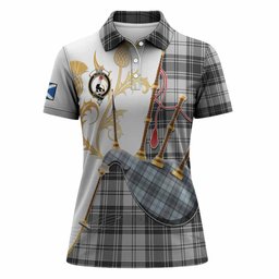 Glen Tartan Family Crest Women Polo Shirt Bagpipes with Scottish Thistle