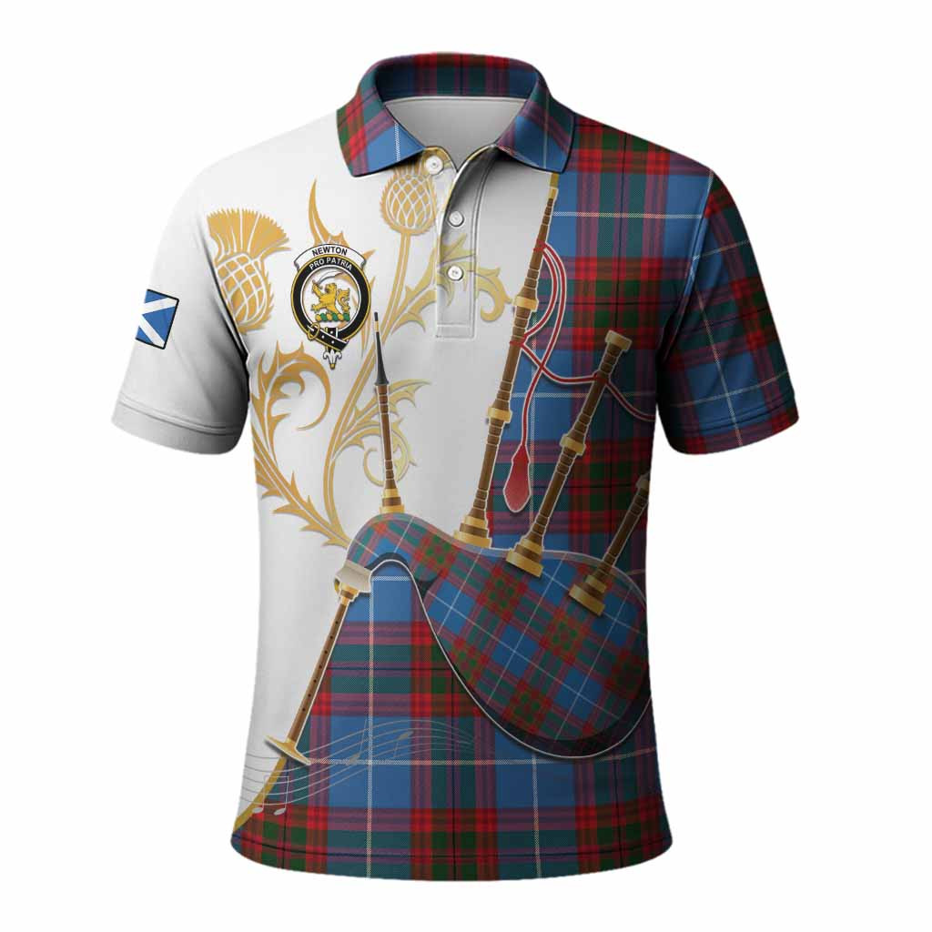 Newton Tartan Family Crest Polo Shirt Bagpipes with Scottish Thistle