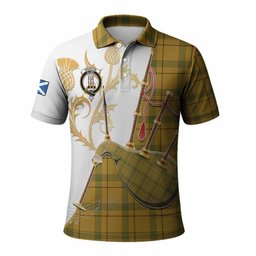 Houston Tartan Family Crest Polo Shirt Bagpipes with Scottish Thistle