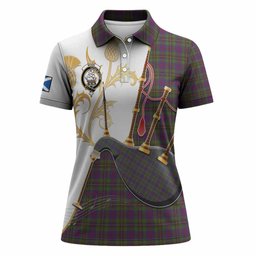 Wood Tartan Family Crest Women Polo Shirt Bagpipes with Scottish Thistle