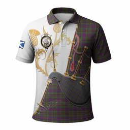 Wood Tartan Family Crest Polo Shirt Bagpipes with Scottish Thistle