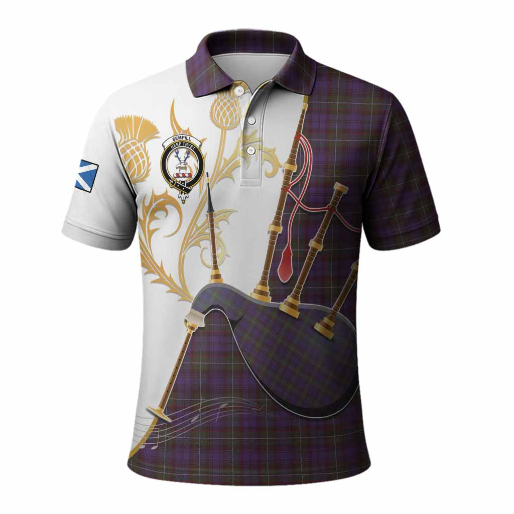 Sempill (Semple) Tartan Family Crest Polo Shirt Bagpipes with Scottish Thistle