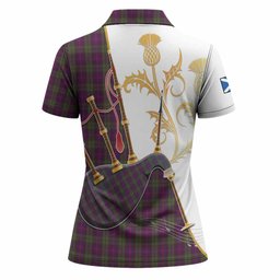 Urquhart Tartan Family Crest Women Polo Shirt Bagpipes with Scottish Thistle
