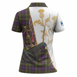 Rollo Tartan Family Crest Women Polo Shirt Bagpipes with Scottish Thistle