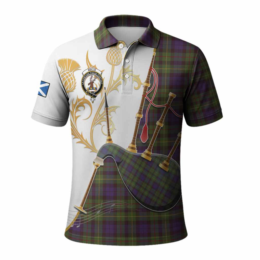 Rollo Tartan Family Crest Polo Shirt Bagpipes with Scottish Thistle