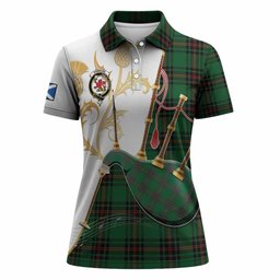 Primrose Tartan Family Crest Women Polo Shirt Bagpipes with Scottish Thistle