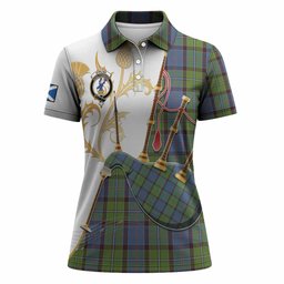 Stirling Tartan Family Crest Women Polo Shirt Bagpipes with Scottish Thistle