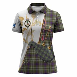 Swinton Tartan Family Crest Women Polo Shirt Bagpipes with Scottish Thistle
