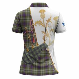 Swinton Tartan Family Crest Women Polo Shirt Bagpipes with Scottish Thistle