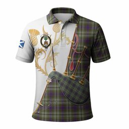 Swinton Tartan Family Crest Polo Shirt Bagpipes with Scottish Thistle
