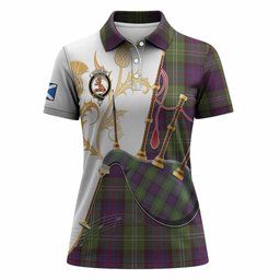 Sutherland Tartan Family Crest Women Polo Shirt Bagpipes with Scottish Thistle