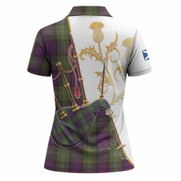 Sutherland Tartan Family Crest Women Polo Shirt Bagpipes with Scottish Thistle