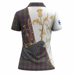 Shaw Tartan Family Crest Women Polo Shirt Bagpipes with Scottish Thistle