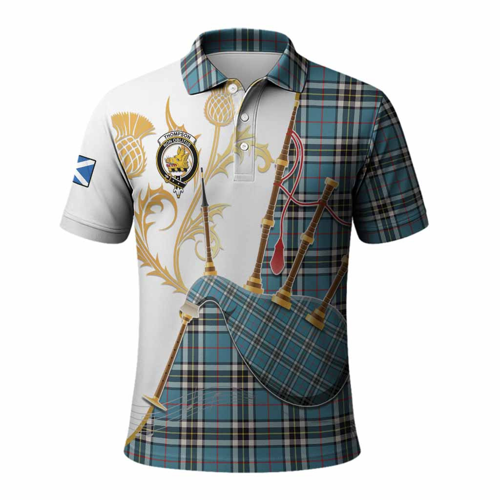 Thompson (Thomson) Tartan Family Crest Polo Shirt Bagpipes with Scottish Thistle