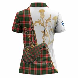 Pollock Tartan Family Crest Women Polo Shirt Bagpipes with Scottish Thistle