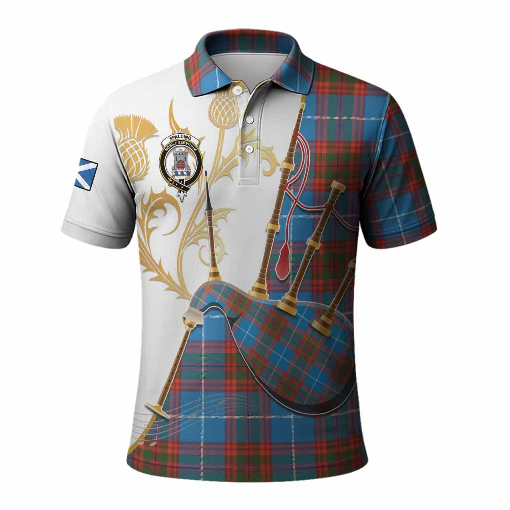 Spalding Tartan Family Crest Polo Shirt Bagpipes with Scottish Thistle