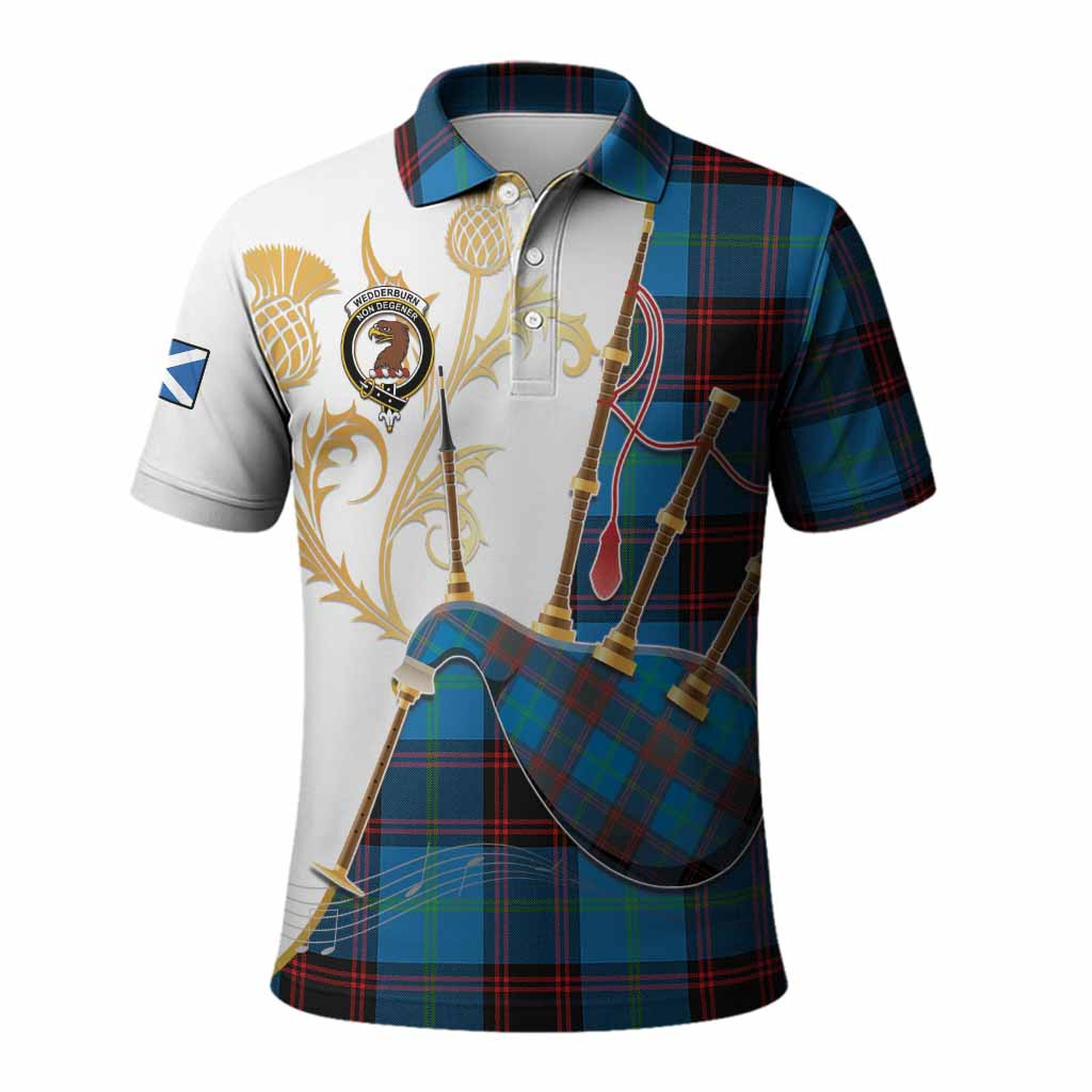 Wedderburn Tartan Family Crest Polo Shirt Bagpipes with Scottish Thistle