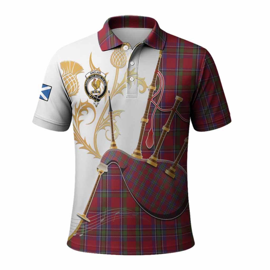 Sinclair Tartan Family Crest Polo Shirt Bagpipes with Scottish Thistle