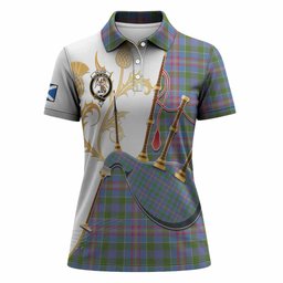 Ralston Tartan Family Crest Women Polo Shirt Bagpipes with Scottish Thistle