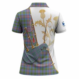 Ralston Tartan Family Crest Women Polo Shirt Bagpipes with Scottish Thistle