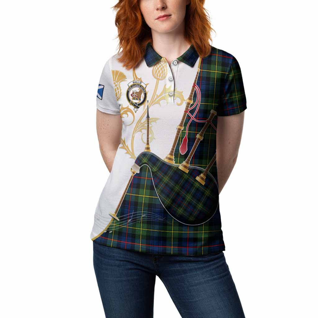 Baillie (Bailey) Tartan Family Crest Women Polo Shirt Bagpipes with Scottish Thistle