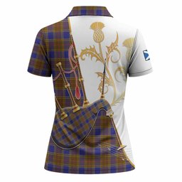 Balfour Tartan Family Crest Women Polo Shirt Bagpipes with Scottish Thistle