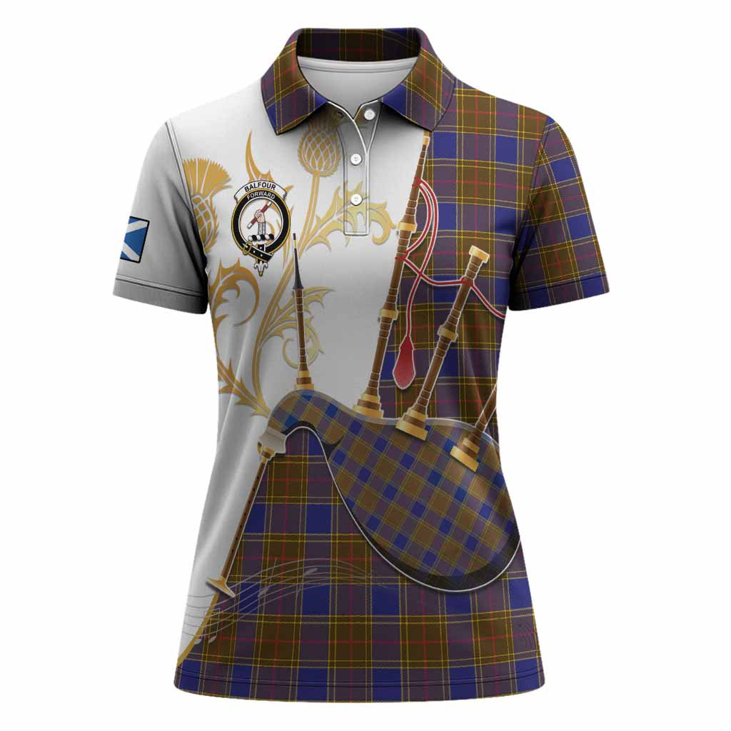 Balfour Tartan Family Crest Women Polo Shirt Bagpipes with Scottish Thistle