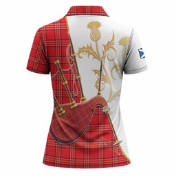 Burnett Tartan Family Crest Women Polo Shirt Bagpipes with Scottish Thistle