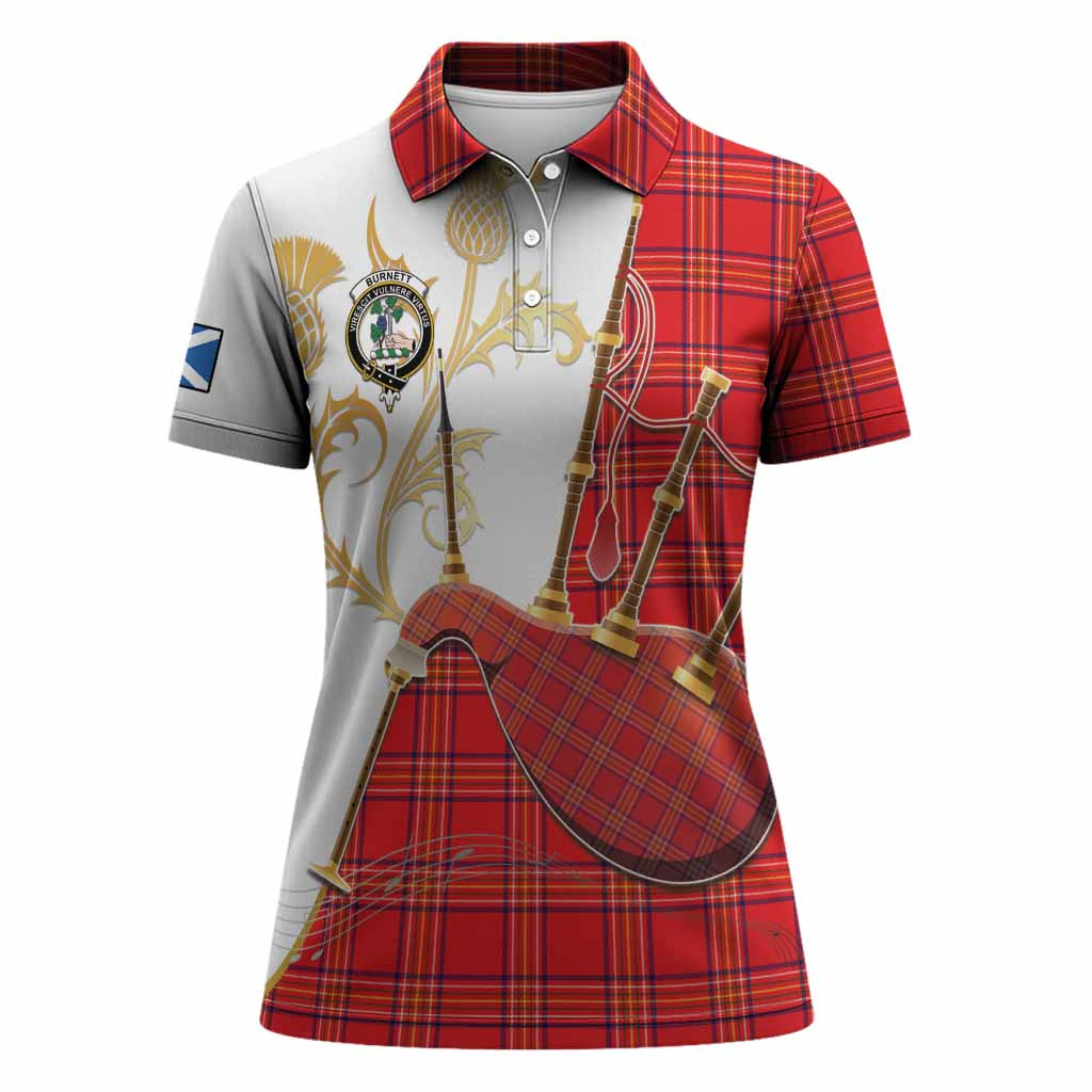 Burnett Tartan Family Crest Women Polo Shirt Bagpipes with Scottish Thistle