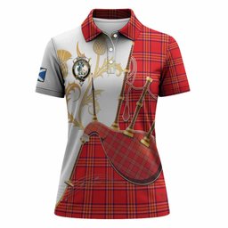 Burnett Tartan Family Crest Women Polo Shirt Bagpipes with Scottish Thistle