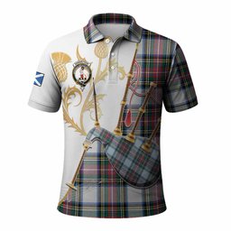 Dennistoun Tartan Family Crest Polo Shirt Bagpipes with Scottish Thistle