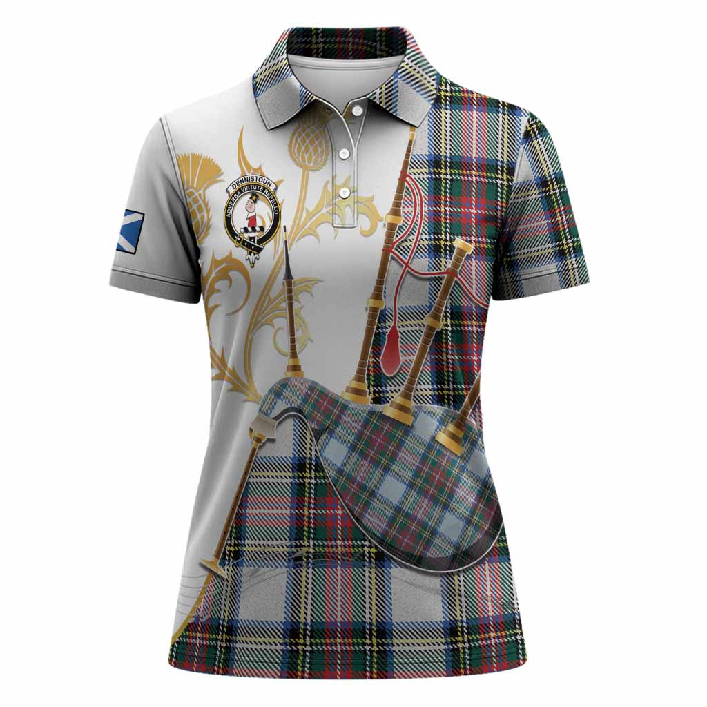 Dennistoun Tartan Family Crest Women Polo Shirt Bagpipes with Scottish Thistle