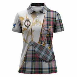 Dennistoun Tartan Family Crest Women Polo Shirt Bagpipes with Scottish Thistle