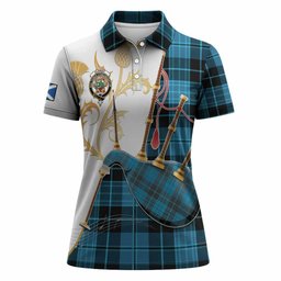 Clergy Tartan Family Crest Women Polo Shirt Bagpipes with Scottish Thistle