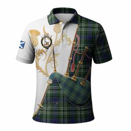 Blyth Tartan Family Crest Polo Shirt Bagpipes with Scottish Thistle