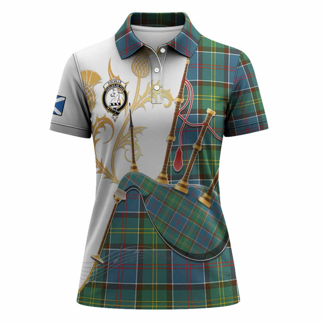 Colville Tartan Family Crest Women Polo Shirt Bagpipes with Scottish Thistle