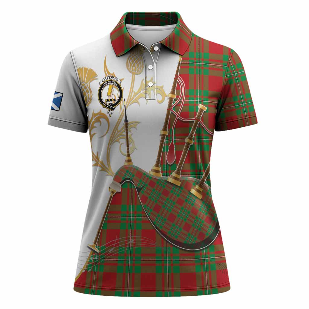 Callander Tartan Family Crest Women Polo Shirt Bagpipes with Scottish Thistle