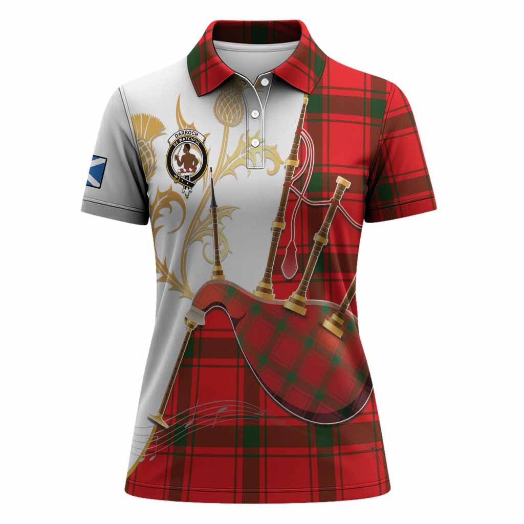 Darroch Tartan Family Crest Women Polo Shirt Bagpipes with Scottish Thistle