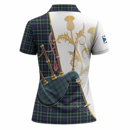 Allardice Tartan Family Crest Women Polo Shirt Bagpipes with Scottish Thistle