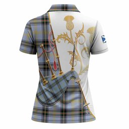 Bell Tartan Family Crest Women Polo Shirt Bagpipes with Scottish Thistle
