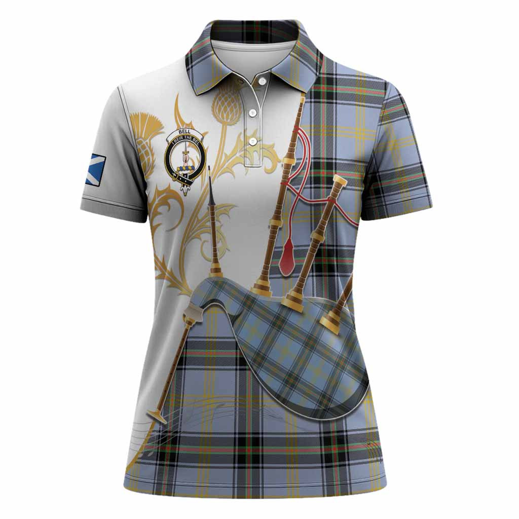 Bell Tartan Family Crest Women Polo Shirt Bagpipes with Scottish Thistle
