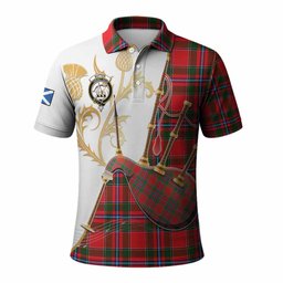 Butter Tartan Family Crest Polo Shirt Bagpipes with Scottish Thistle
