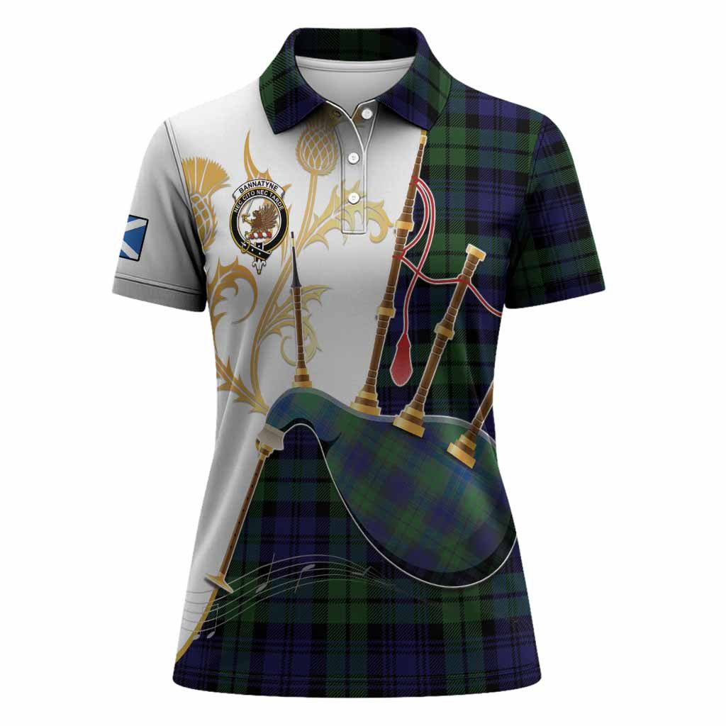 Bannatyne Tartan Family Crest Women Polo Shirt Bagpipes with Scottish Thistle